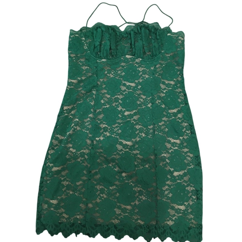 Hello Molly Emerald Green Lace Mini Dress Nude Lining Spaghetti Strap Size 8